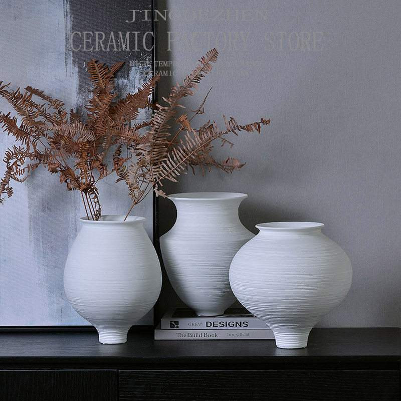 中式现代简约白色陶瓷花瓶干花插花花器粗陶陶罐软装饰品