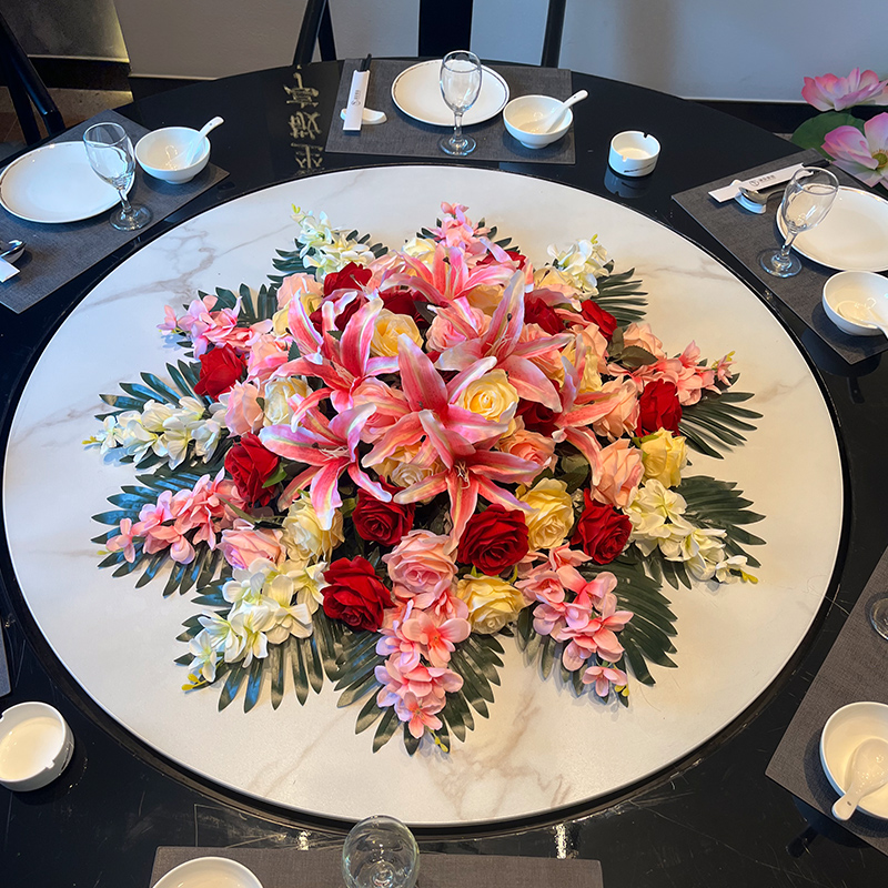 饭店餐桌转盘桌面摆设花艺酒店圆桌中间摆花仿真花装饰花假花绢花