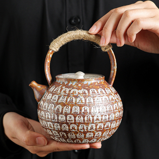 老岩泥鎏银千佛茶壶泡茶家用中式高提梁壶功夫茶具陶瓷烧水壶