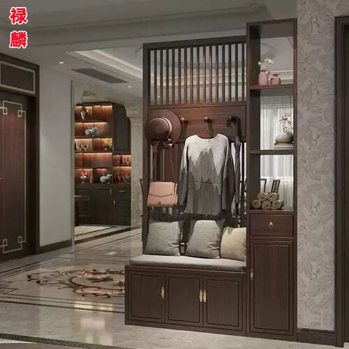 新中式屏风入户正对门玄关挂衣帽架乌金木鞋柜博古架