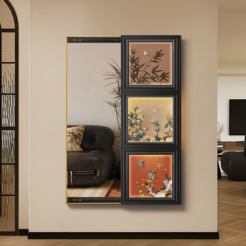 雅乐蕾竹子中古风全身镜入门玄关装饰画暗藏式壁画隐形推拉穿衣镜