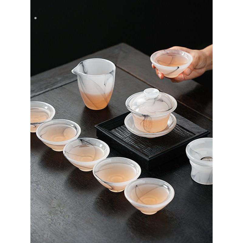 琉璃茶具套组家用轻奢高档功夫茶杯盖碗泡茶壶办公室会客喝茶玻璃