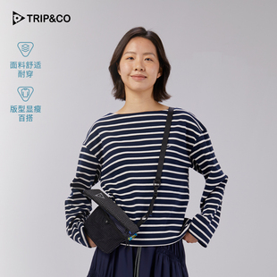TRIP&CO条纹长袖T恤女休闲风舒适极简通勤上衣简约风一字领