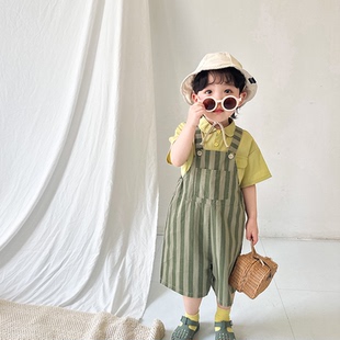 2025儿童夏日俏皮条纹背带裤 两件套休闲节日表演服 洋气短袖 POLO衫