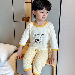 呼吸棉 儿童家居服套装 夏季 空气棉薄款 睡衣男女童空调服全棉七分袖