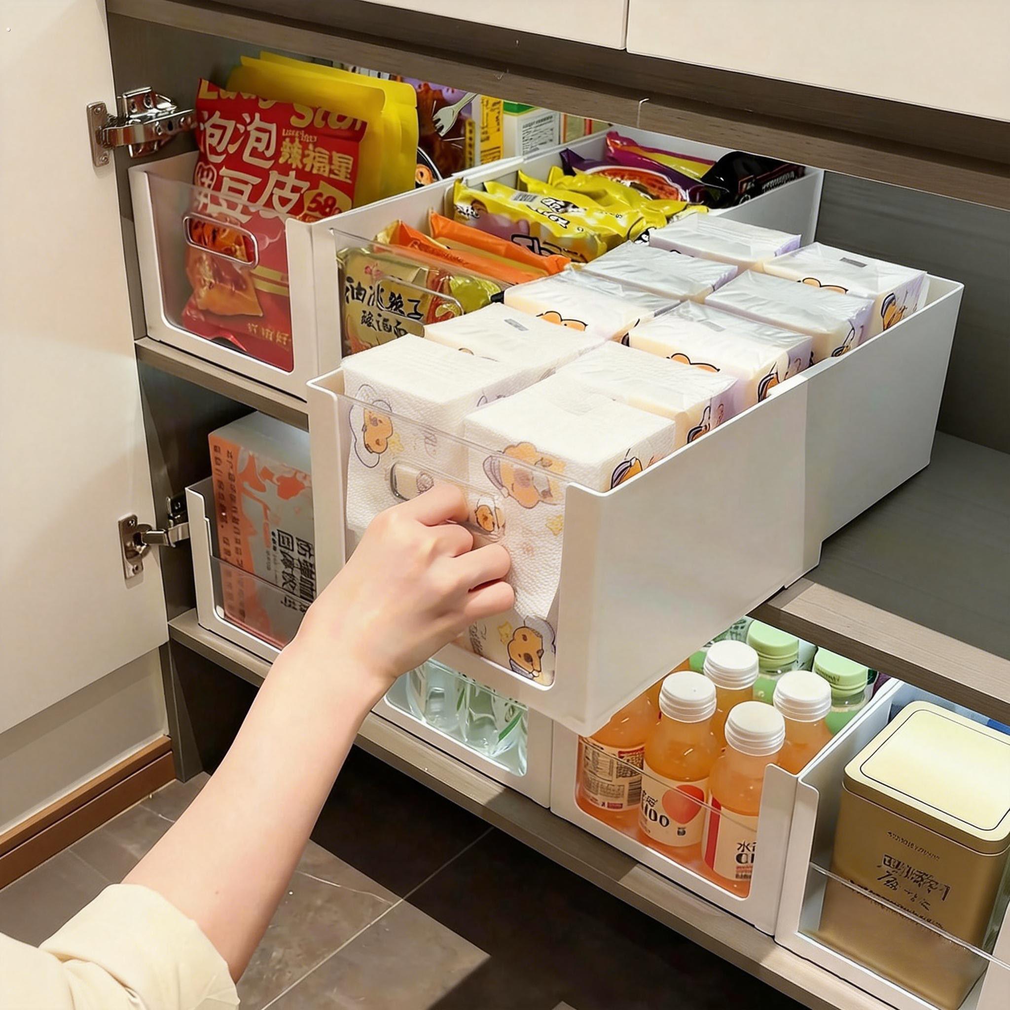 厨房橱柜收纳盒透明可视长方形可伸缩整理筐家用多功能抽拉储物盒
