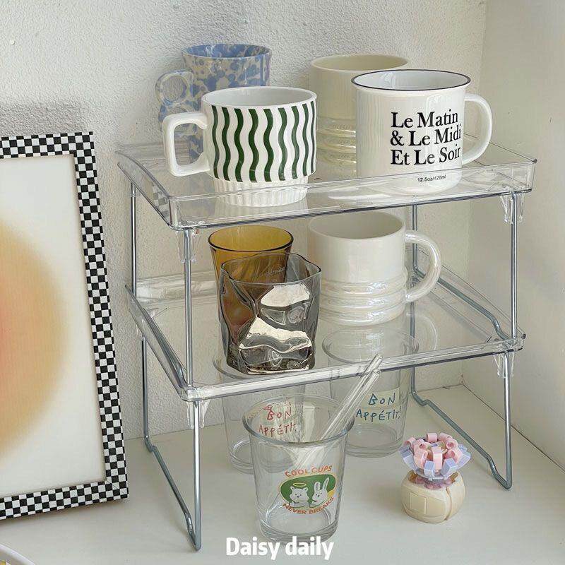 透明双层桌面置物架亚克力杯架可折叠厨房卫生间化妆品杂物置物架