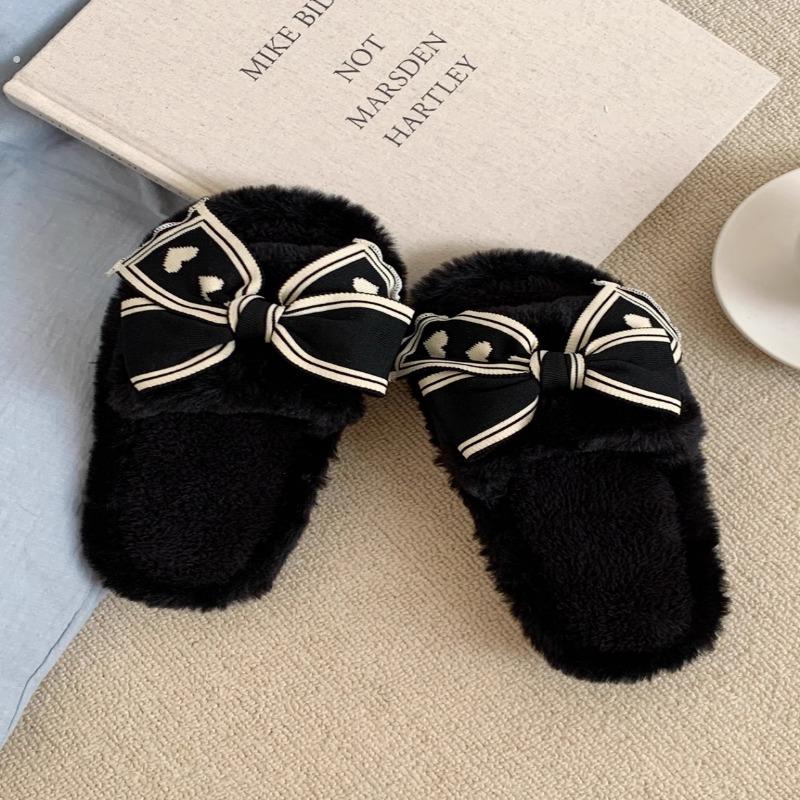 韩版时尚网红蝴蝶结一字棉拖鞋秋冬季新款休闲居家外穿毛毛拖鞋女