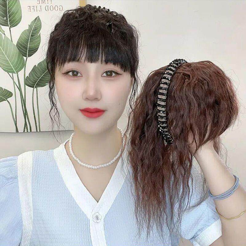 假发女水钻发箍浏海一体头顶补发片自然遮白发假浏海卷发贴片