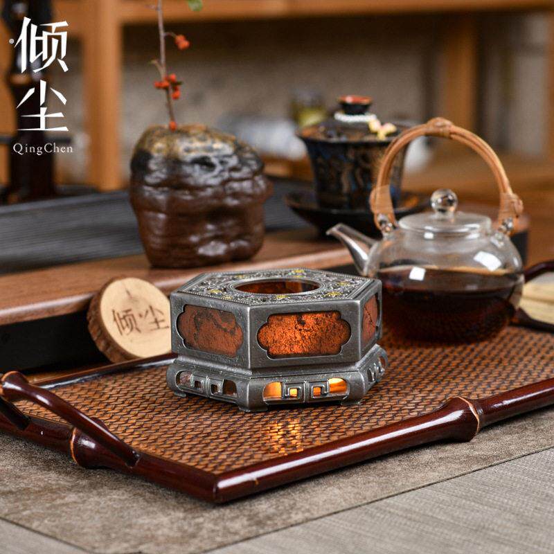 古篱温茶炉 中式老锡岩石面六边蜡烛加热温茶器古风茶具配件