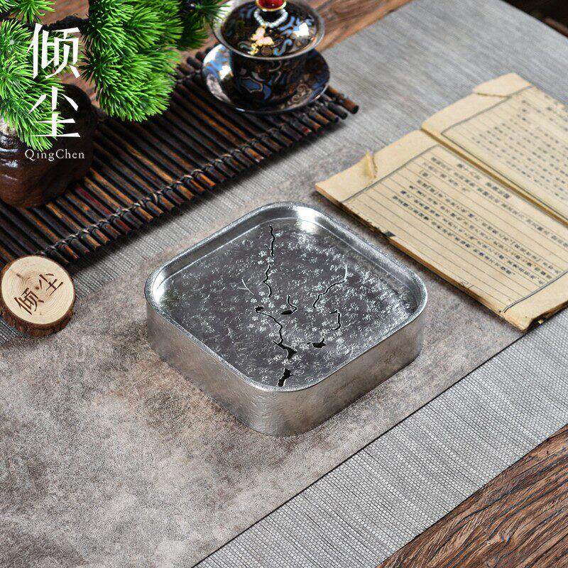 全手工纯锡原色方形壶承 素梅足锡茶海 蓄水锡茶盘 极简高端茶具