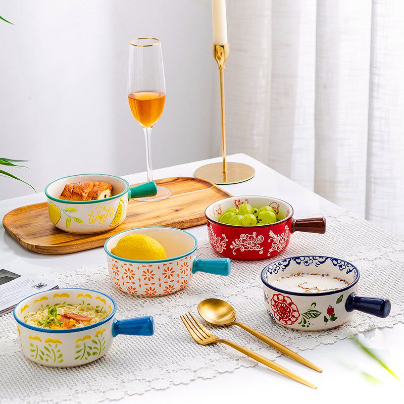 日式陶瓷泡面碗手柄烘焙早餐碗果沙拉碗家用个性烤箱焗饭碗