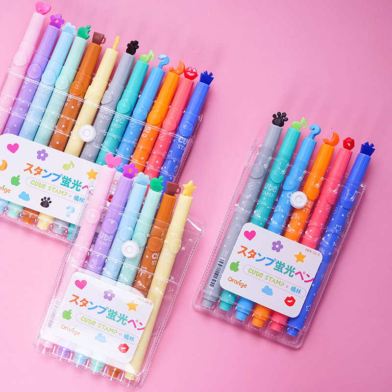 12色套装荧光标记笔学生用可爱造型印章荧光笔糖果色彩色划重点笔