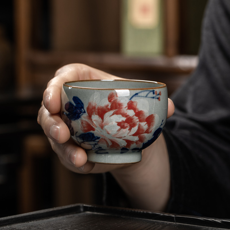 老陶泥手绘牡丹 手工陶瓷茶具小茶杯 内外画龙蛋杯品茗杯