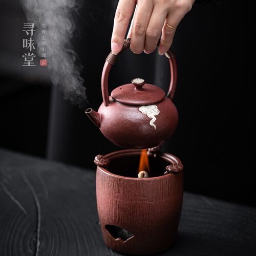 枣红釉银彩煮茶壶煮茶炉提梁壶酒精灯煮茶器户外室内围炉煮茶