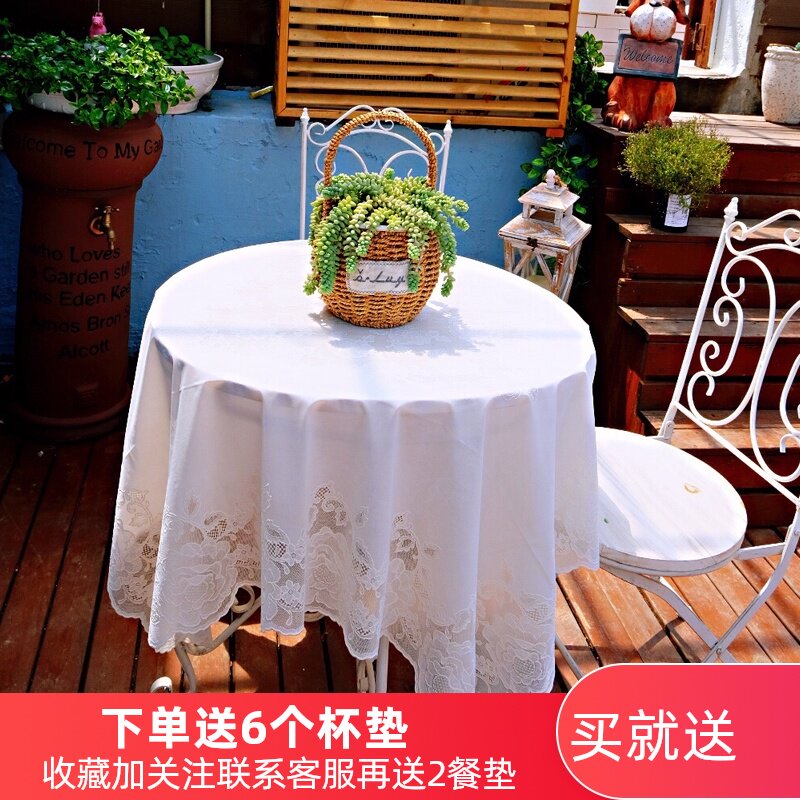 户外小圆桌桌布圆形室外花园桌布玫瑰白色蕾丝圆台布