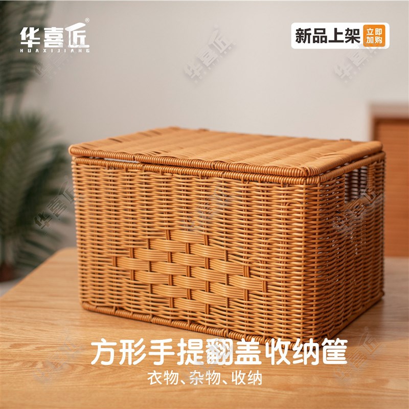 W509仿藤方形手提翻盖收纳筐家用杂物衣物收纳篮36*26*22