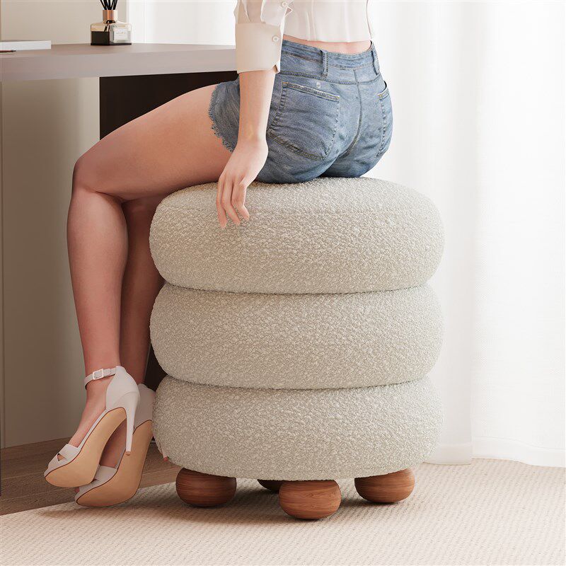 奶油风化妆凳网红梳妆凳椅简约现代梳妆台凳子羊羔绒圆凳