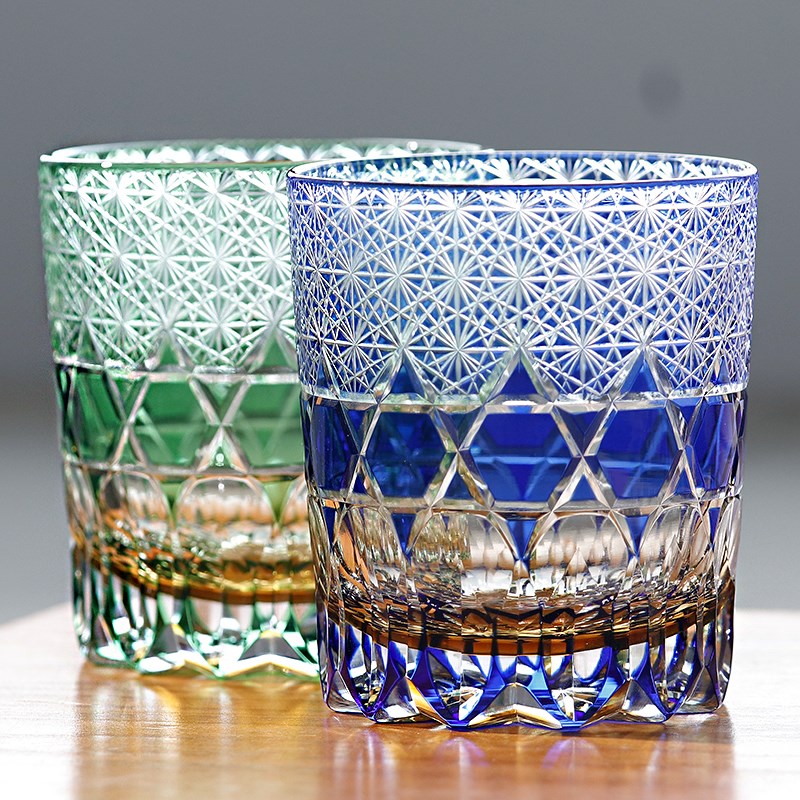 金致江户切子日式萤石三套色水晶玻璃杯手工威士忌洋酒杯洛克杯