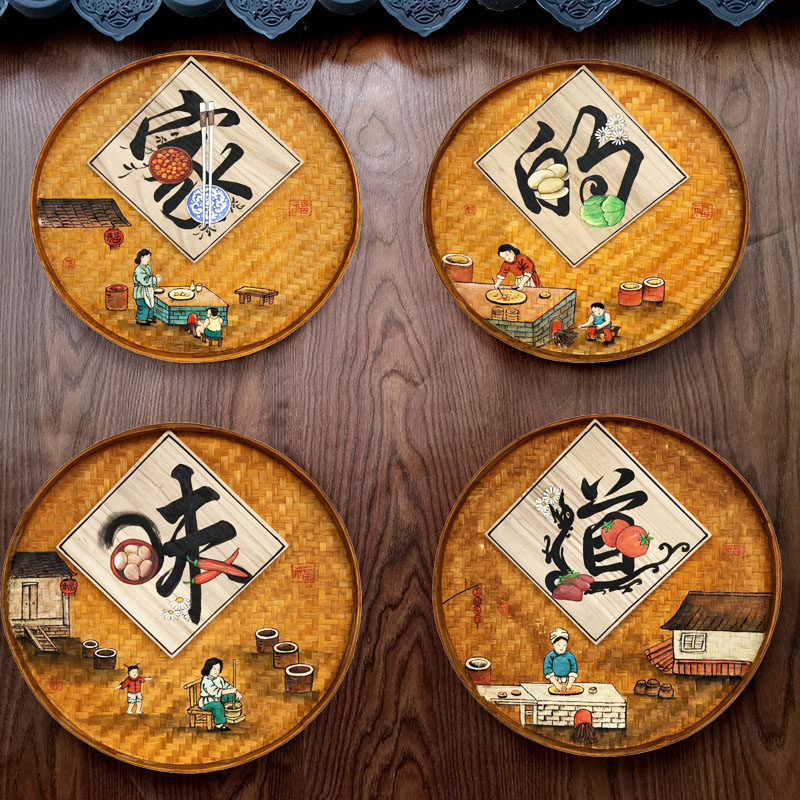 复古怀旧酒店饭店手绘竹编竹筛簸箕画挂件墙壁挂饰品