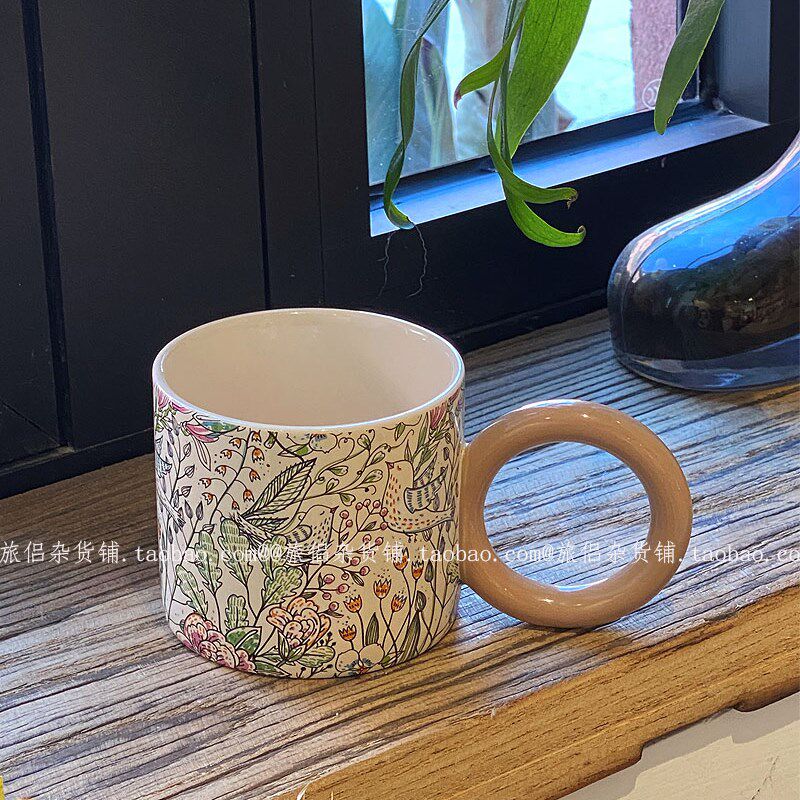 复古英伦风花鸟图案手柄马克杯咖啡杯拉花杯杯早餐杯