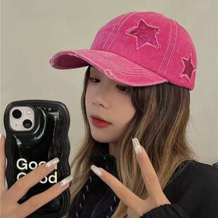 定制破洞光版棒球帽跨境马尾帽闪光五角星水洗做旧帽子遮脸帽子