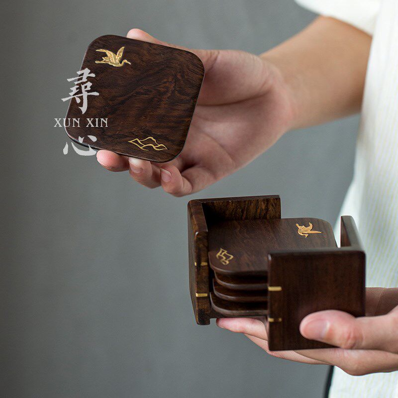 中式黑檀木茶杯垫茶托镶碟垫简约茶道茶杯托
