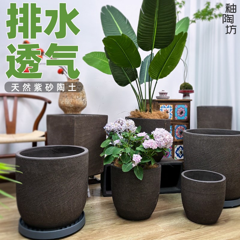 新简约粗陶花盆口径尺码紫砂陶盆号种树盆透釉陶罐
