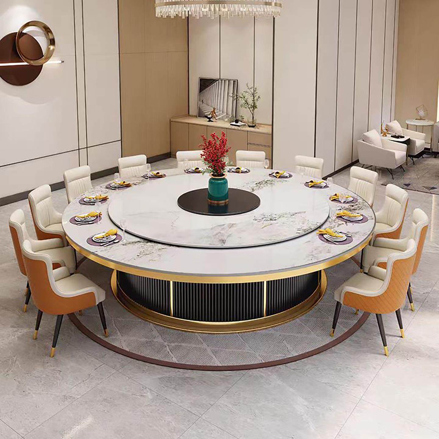 酒店餐桌大圆桌电动转盘岩板15人20人包厢火锅桌带电磁炉饭店家用