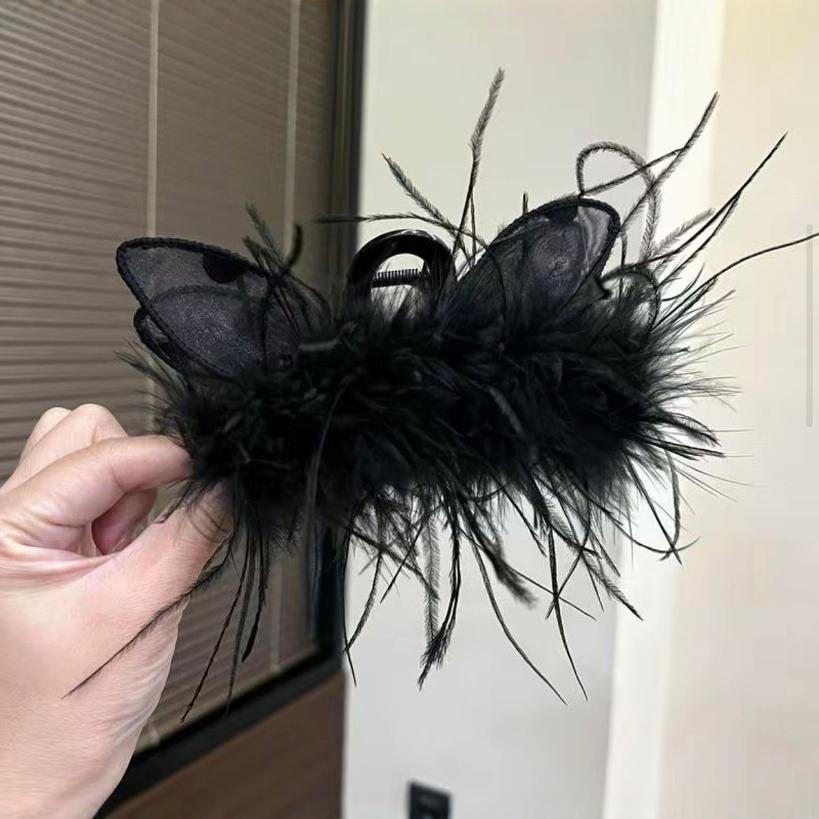 网红爆款超仙羽毛抓夹可爱猫耳造型鲨鱼夹大号发量多高级感发夹子
