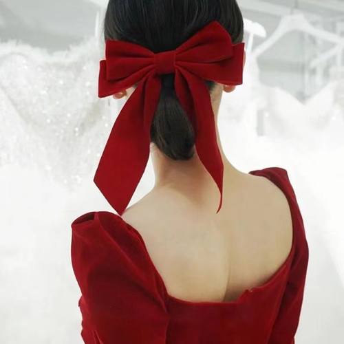 秋冬新款红丝绒燕尾蝴蝶结发饰高档气质百搭头饰发夹中式婚礼配饰