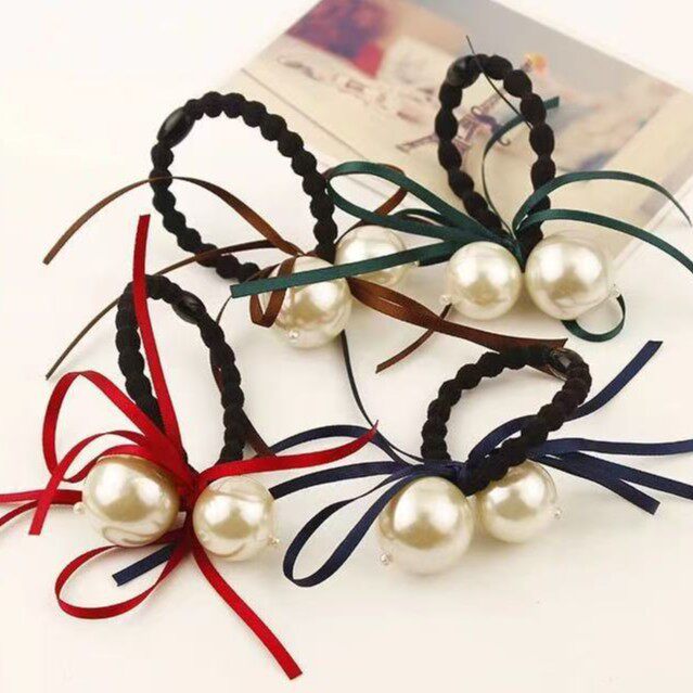 韩国发饰 韩版大小珍珠流苏丝带蝴蝶结发圈T