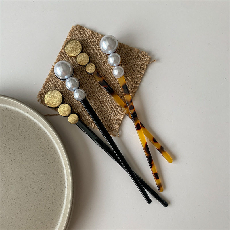 日常盘发珍珠一字发簪简约现代高级感丸子头发钗古风簪子发饰头饰