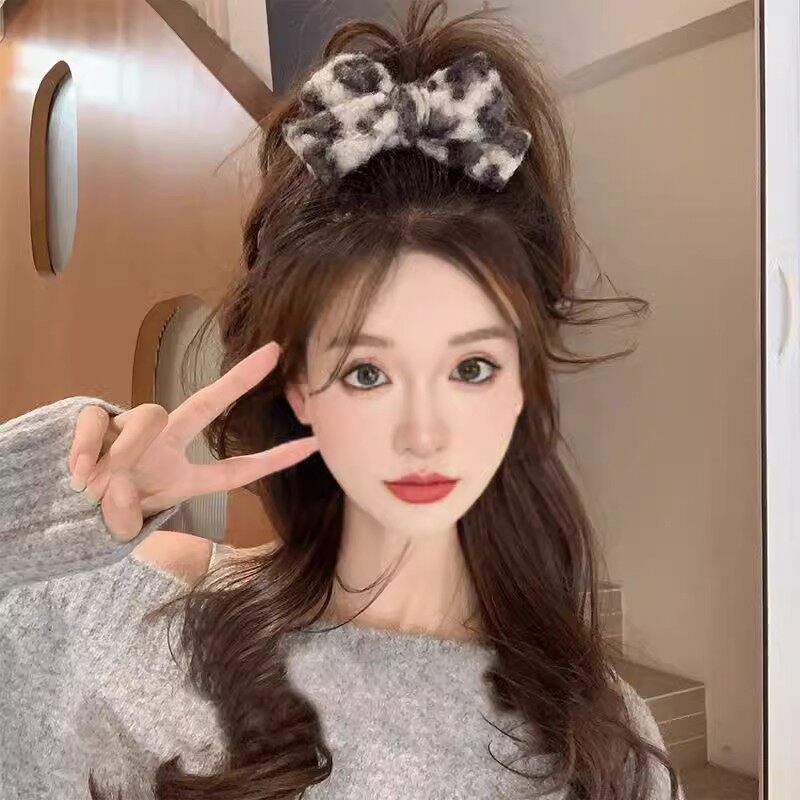 毛绒豹纹蝴蝶结发夹秋冬复古羊羔绒气质丸子头抓夹大号顶夹鲨鱼夹