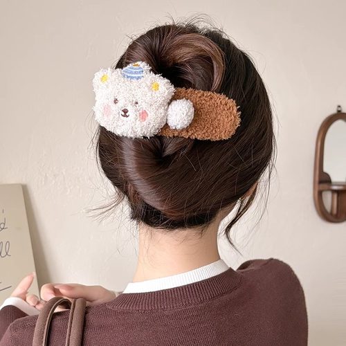 秋冬毛绒小熊大号发夹日系甜美高颜值少女风刘海夹鸭嘴夹发卡饰品