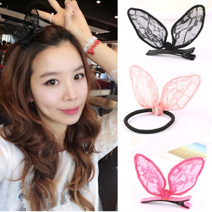 D08 品质量 蕾丝兔耳朵发夹卖萌可爱甜美发绳皮筋边夹促销
