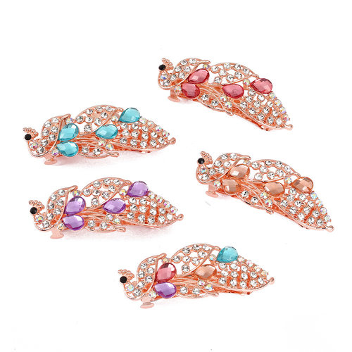 跨境夏季水钻发夹 简约时尚水晶发卡带钻新款孔雀盘发弹簧夹头饰