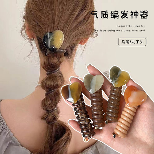 清新简约爱心头绳直条电话线发圈扎马尾编发气质百搭发圈发饰