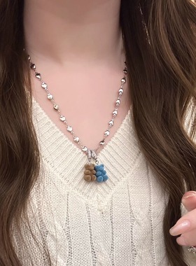 ins风可爱双层植绒小熊吊坠爱心项链女小众设计感百搭气质锁骨链