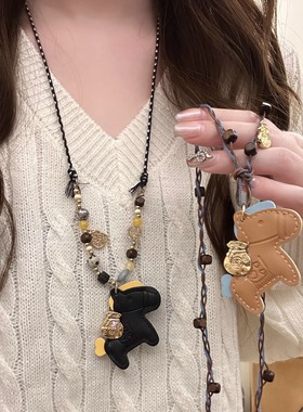 吉马送福~咖色皮质小马吊坠项链女复古编织绳毛衣链时尚百搭配饰
