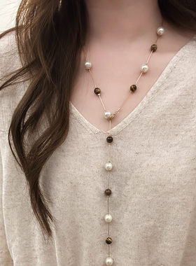 复古美拉德虎眼石串珠项链女轻奢毛衣链秋冬高级感百搭叠戴锁骨链