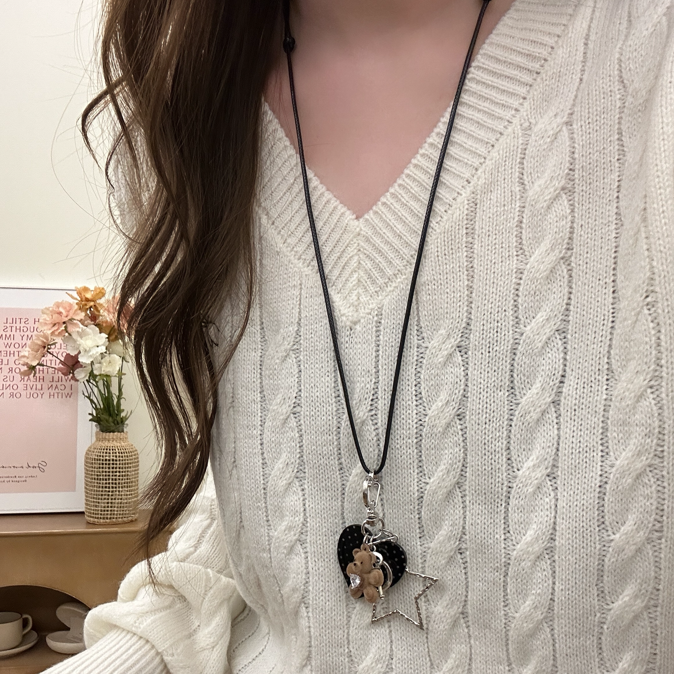 ins风爱心波点小熊吊坠项链女y2k星星吊坠长款毛衣链可拆卸包挂件