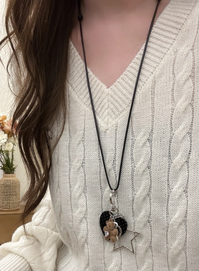 ins风爱心波点小熊吊坠项链女y2k星星吊坠长款毛衣链可拆卸包挂件