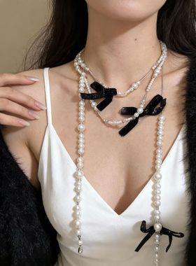 法式少女波点蝴蝶结甜美珍珠项链小众设计双层叠戴毛衣链气质颈链