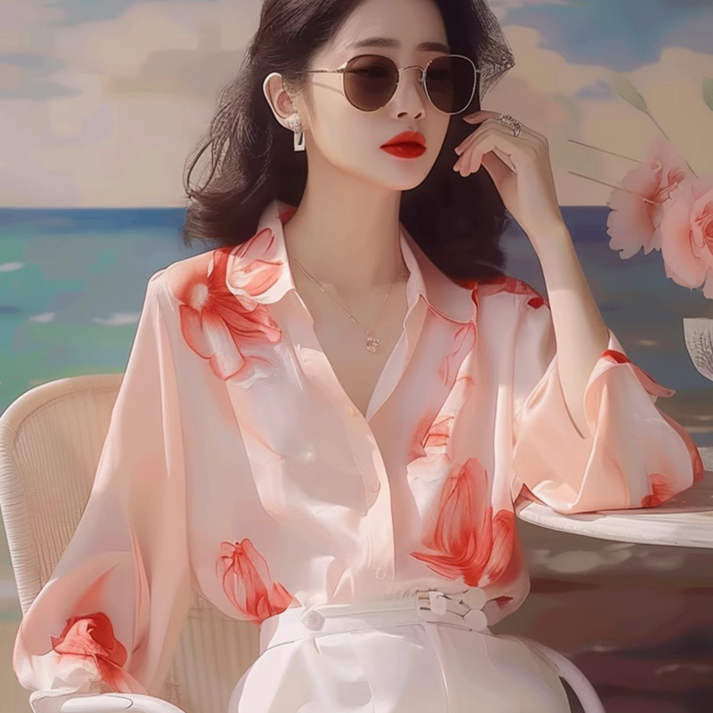 阿玛施拉斯2025夏季新款橘色印花防晒衬衫女法式长袖小衫薄款衬衣