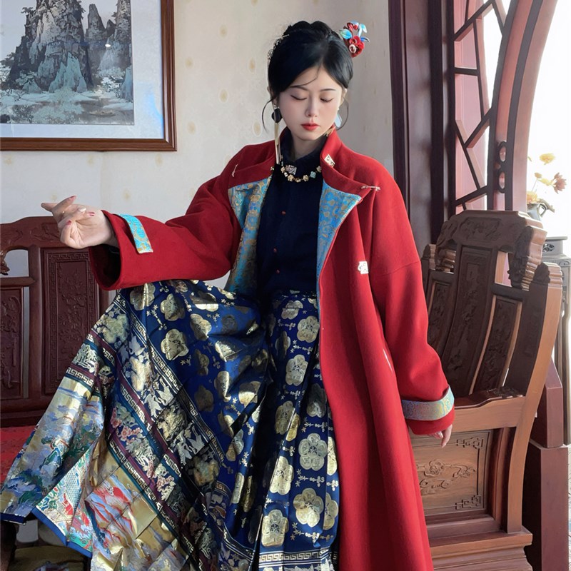 十里七巷 朝颜改良秋冬圆领袍汉元素汉服毛呢大衣立领对襟马面裙