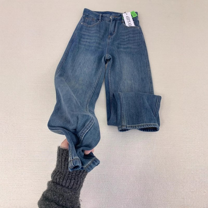 复古蓝宽松直筒牛仔裤女秋冬新款美式高腰显瘦垂感拖地窄版阔腿裤
