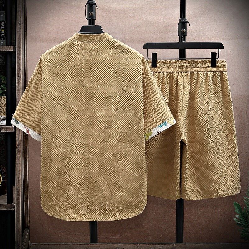 中国风短袖套装男士夏季薄款衬衫短裤两件套宽松休闲国潮汉服唐装,男装,时尚套装,淘宝优惠券,粉丝福利购,淘宝优惠卷