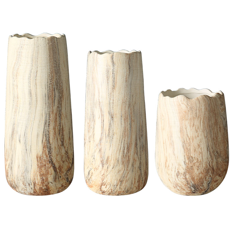 欧式客厅陶瓷拉丝仿木纹花瓶摆件家居干花插花电视柜玄关装饰品