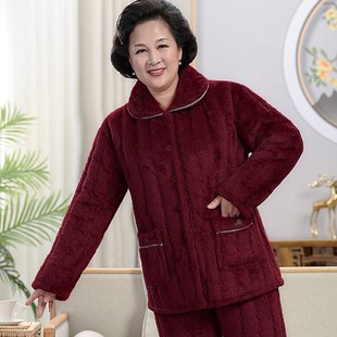妈妈睡衣女秋冬季三层加厚珊瑚绒夹棉保暖加绒新款中老年家居服